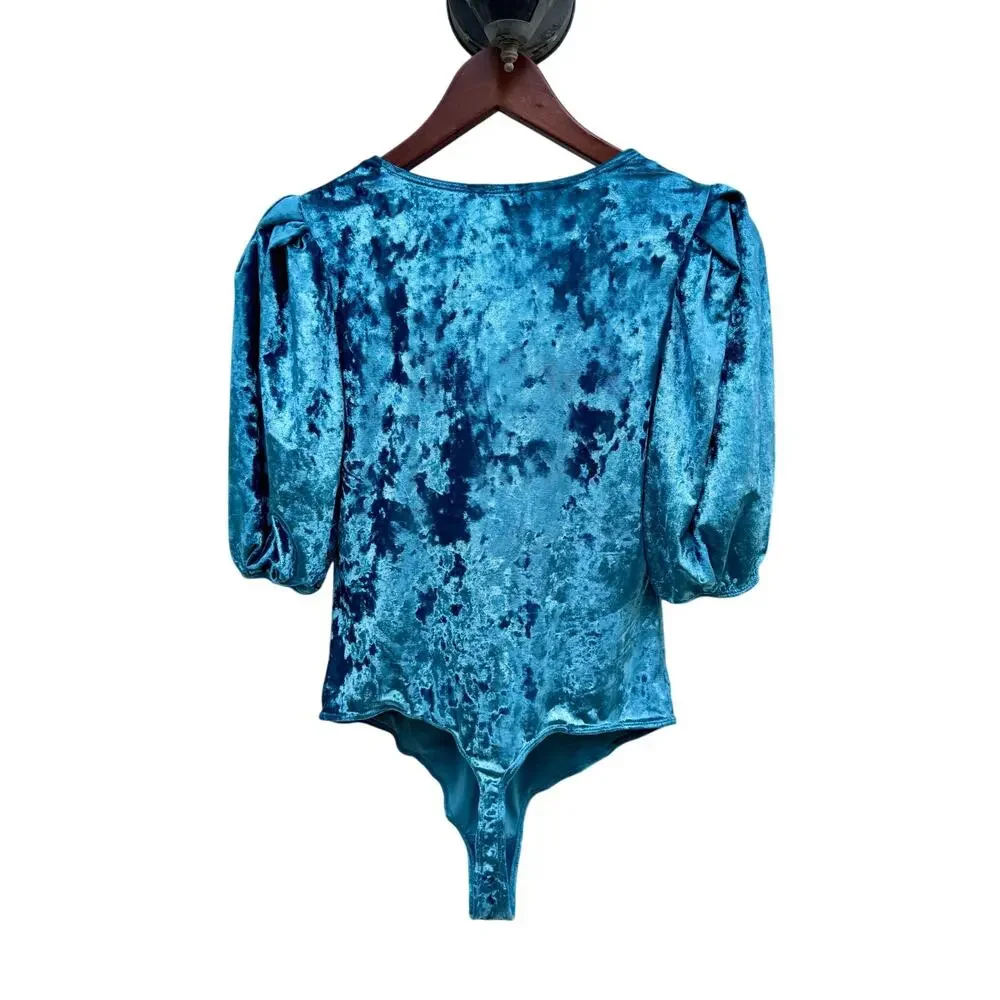 NWT Free People Don’t You Wish Crushed Velvet Bodysuit Deep Teal Small S